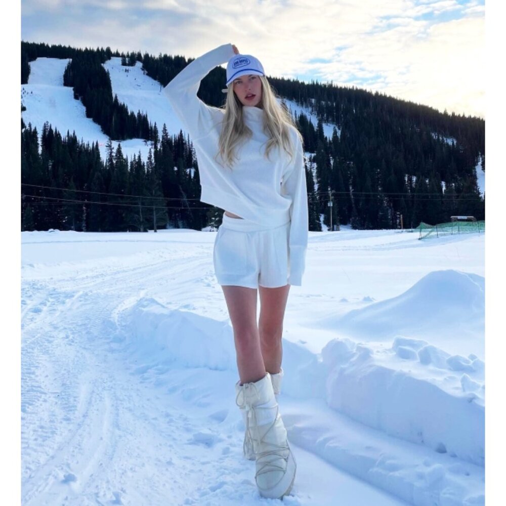 Alo Weekend Escape Mock Neck Long Sleeve Ivory Waffle Thermal Turtleneck Sweater - Picture 9 of 16